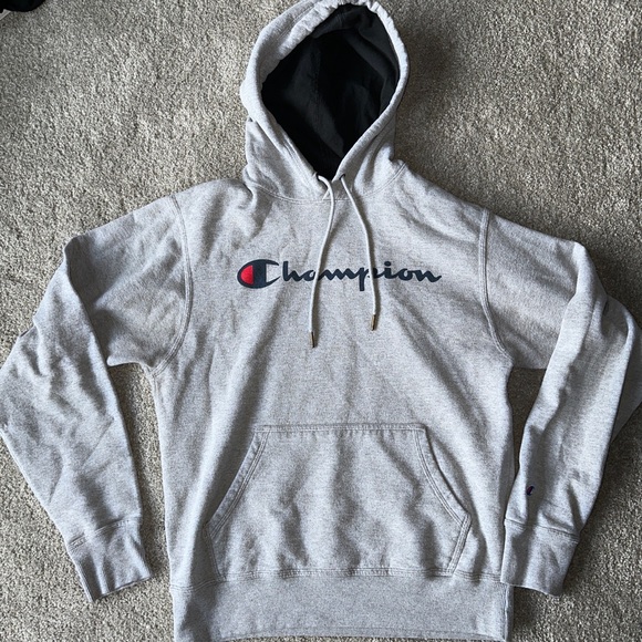 Like New Men's Champion Heathered Gray Classic Script Logo Cotton Hoodie. - Picture 2 of 6